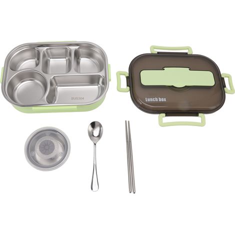 Boîte à lunch isotherme en acier inoxydable avec bol à soupe, baguettes et cuillère, pour adultes et enfants (vert). (1/5)