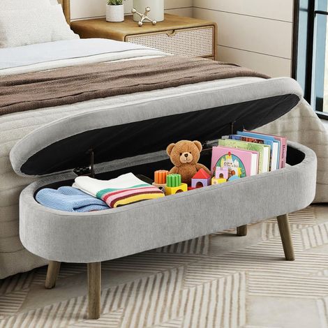 Banc de rangement multifonction, tissu Chenille doux, pieds en bois, cadre en bois massif, 20L de rangement, 110x40x42cm, pour chambre, salon, banc à chaussures, entrée, Gris (1/5)