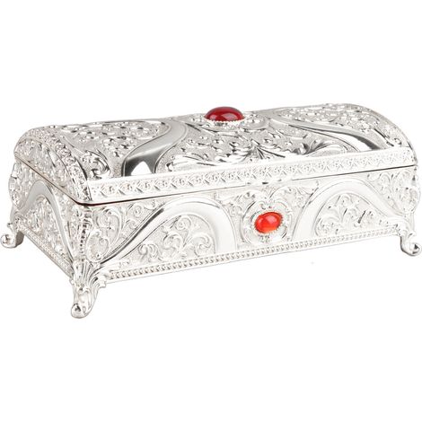 Coffret à bijoux vintage en métal argenté, forme rectangulaire, motif délicat, doublure velours doux, idéal pour bagues et boucles d'oreilles. (1/5)