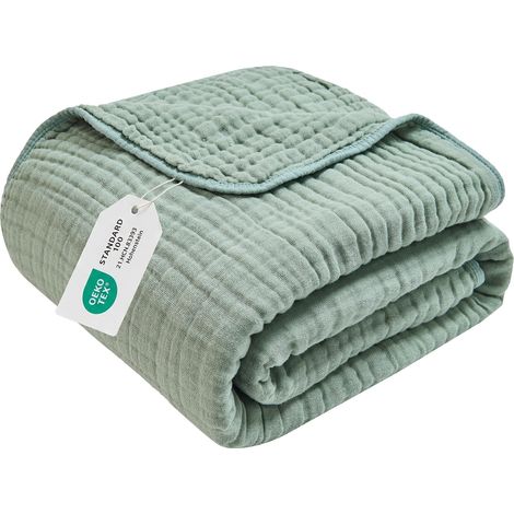 Couvre-lit en mousseline - 127 x 152 cm - 100 % coton - 6 couches - Couverture d'été douce et légère - Pour canapé et lit - Vert (1/5)