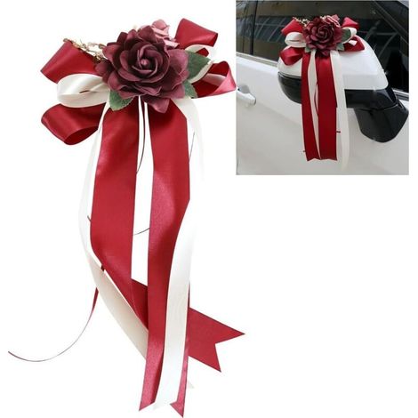 Lot de 4 nœuds de voiture en soie - Décoration de voiture de mariage - Simulation de rose - Nœud de voiture - Poignée de porte - Rétroviseur - Décoration de chaise de mariage - Avec ventouses -Bordeau (1/5)
