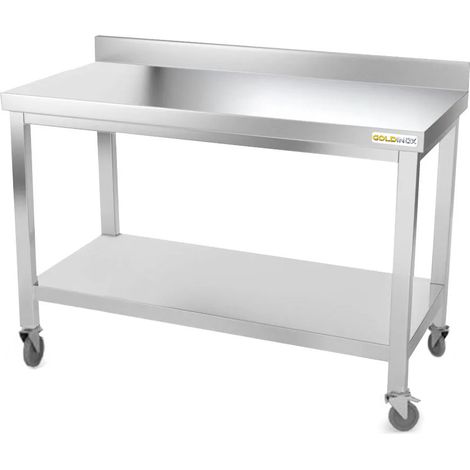 Table de travail en inox 1600 x 700 mm adossée sur roulettes / GOLDINOX (1/4)