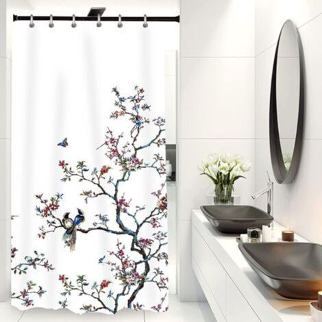 Mold-Resistant Fabric Shower Curtain for Men and Women with 12 Hooks, Bird Pattern, White, 90 x 180 cm (1/5)