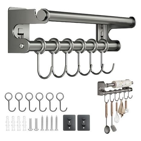 Barre Ustensiles Cuisine Murale, Porte Sopalin, Crochet Cuisine, Porte Essuie Tout Mural avec 6 Crochets, Attache Torchon Cuisine Perçable, Porte Sopalin Mural Cuisine Gain de Place, 30cm, Gris (1/5)