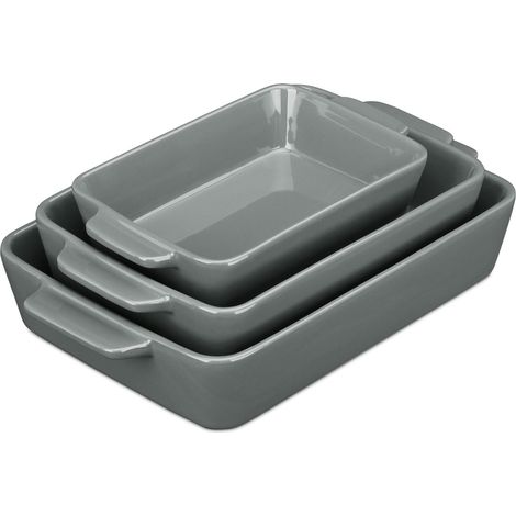 Relaxdays Set da 3 Teglie in Ceramica, Pirofile Rettangolari, per Forno, Frigo, Lavastoviglie, Lasagne, Manici, Grigio (1/5)