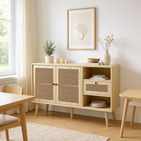 MEUBLES COSY Buffet, commode, 1 tiroir et 2 portes magnétiques, panneaux de portes en rotin tressé, chêne, 120 x 40 x 80 cm (1/5)