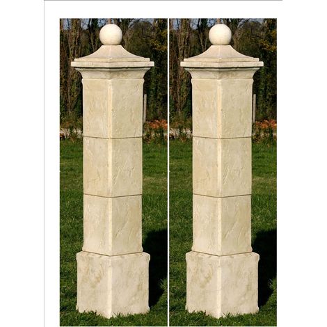 Habitat Et Jardin – Lot de 2 piliers de portail Provençal en pierre reconstituée – Dimensions 41 x 41 x 228 cm – 1 base, 3 boisseaux, chapeau boule en 3 parties