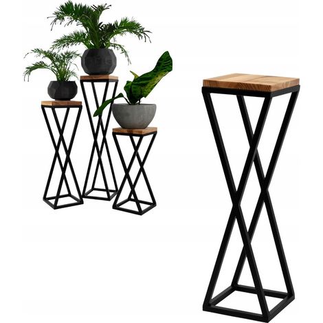 Supporto per piante da terra in metallo, stile loft, nero, legno chiaro, moderno, stile Vichy, dimensioni 19x19x62 (1/5)