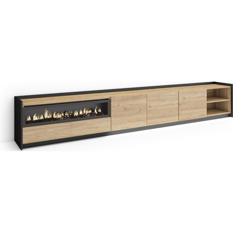 Skraut Home - Mueble TV, Televisión, Muebles de salón, almacenaje, 310x37x50cm, Para TV hasta 80", Chimenea eléctrica, LED, Estilo Moderno, Roble y negro (1/5)