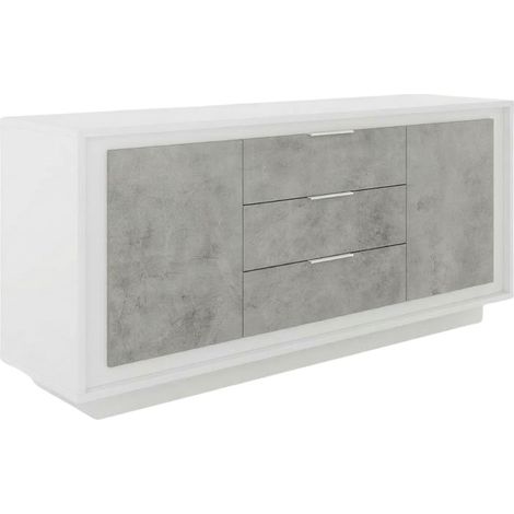 Buffet 2 portes 3 tiroirs blanc laqué façades aspect ciment piètement socle - AZONTO
