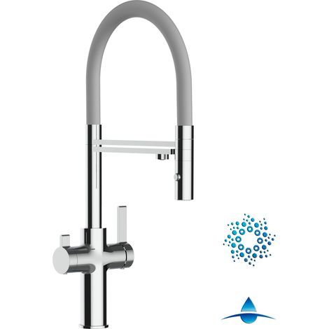 Robinet de Cuisine Mitigeur 4 Voies chromé pour système de carbonatation et filtration/purification d'eau bec gris orientable et douchette 2 jets détachable FC VIZIO (1/5)