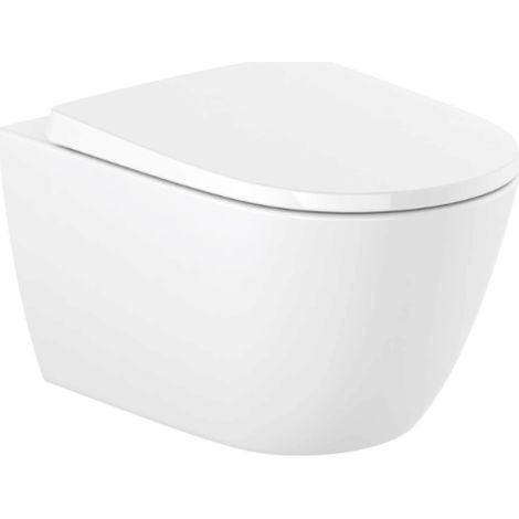 Cuvette WC suspendu sans bride ROCA Ona blanc brillant avec abattant frein de chute