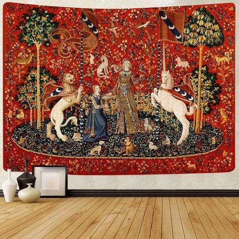 Tapisserie médiévale représentant une dame et une licorne, idéale pour la décoration d'une chambre, d'un salon, d'un appartement ou d'une résidence étudiante (1/5)