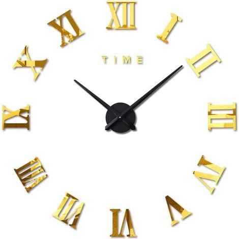Moderne DIY Grand Pendule Murale Chiffres Romains Big Montre Stickers 3D Horloge Montre Murale Home Office Décoration Amovible (Batterie Non Inclus) Doré (1/4)