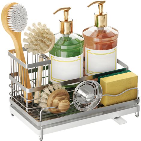 Caddie égouttoir inox antirouille pour évier cuisine avec porte-brosse amovible, bac à éponges et tuyau d'évacuation orientable, 26,5x15,7x10,6 cm, noir/argent (1/3)