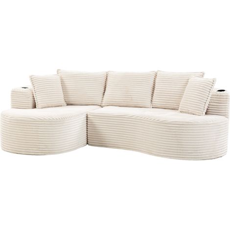 Canapé courbé en velours côtelé – doux, respirant, avec porte-gobelet et poche de rangement. Mousse haute densité pour un confort d’assise agréable. Coussin inclus – compressé, prêt à l’emploi. Pour t (1/5)
