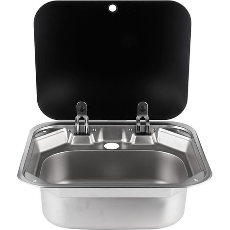 Évier carré pliable en acier inoxydable à une cuve avec couvercle en verre trempé pour camping-car ou caravane (1/5)