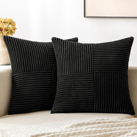 Taies d'oreiller en velours côtelé - Lot de 2, style bohème - pour salon, chambre, canapé, lit, 45×45cm, noir (1/5)