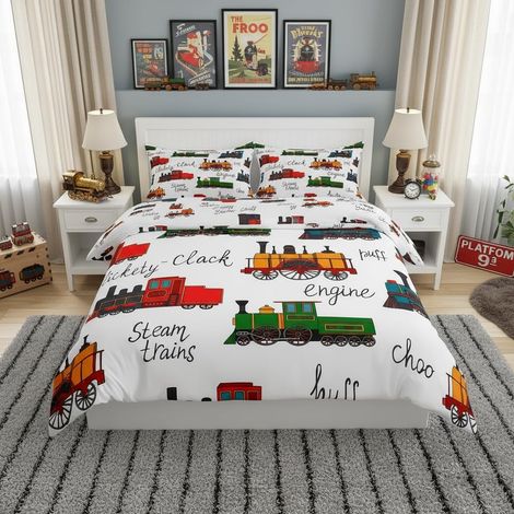 Parure de lit motif train vintage avec housse de couette et 1 taie d'oreiller - Motif train - Pour enfant garçon et fille - Jaune rouge et vert (1/5)