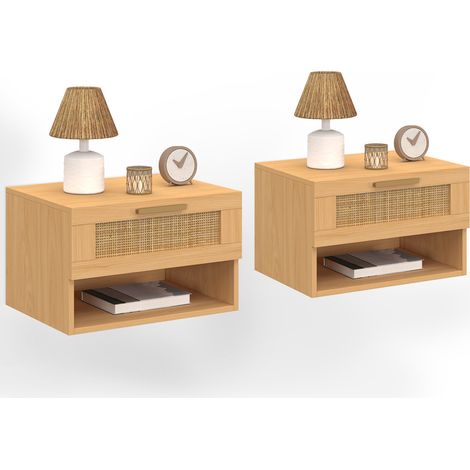 Set aus 2 Wand-Nachttischen ROBERT 1 Schublade mit Nische mit natürlichem Effekt aus Rohrgeflecht und Holz
