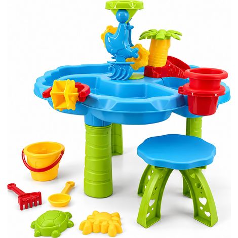 Relaxdays Wasserspieltisch 3 Fächer, viel Zubehör, HxBxT: 38x60x60 cm, Matschküche für Wasser & Sand, Kunststoff, bunt (1/5)