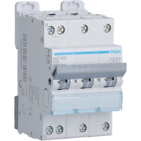 Disjoncteur 3P+N 6-10kA courbe D 25A 3 modules HAGER NGT825 (1/5)