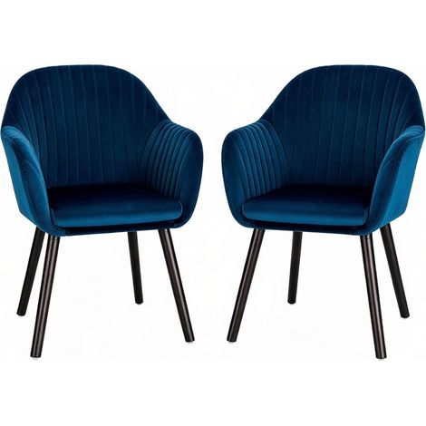 Set de 2 sillas de comedor de terciopelo azul y negro con reposabrazos, metal y madera (1/5)