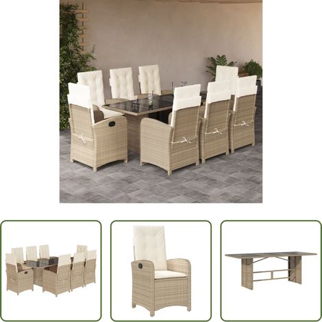 vidaXL Gartenessgruppe - 9-tlg. Garten-Essgruppe mit Kissen Beige Poly Rattan (1/5)