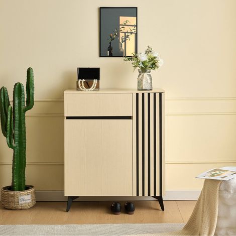 Meuble à chaussures avec 2 portes et 1 tiroir, 75 x 35 x 90 cm, étagères réglables, en MDF et métal, pour entrée et salon, Bois clair (1/5)