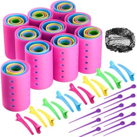 Set de 141 Pièces Rouleaux à Cheveux Inclure 60 Rouleaux à Cheveux Plastique avec 60 Épingles, 20 Pinces à Cheveux Dents Canard et Outil de Coiffure en Filet, Couleur Aléatoire (6 Tailles) (1/5)