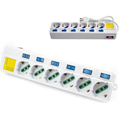 MULTIPRESA 6 POSTI SCHUKO BIPASSO 10-16A CON 7 INTERRUTTORI PROTEZ FULMINI