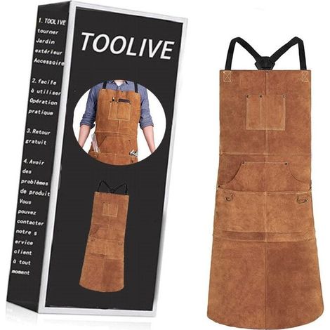 Tablier en cuir résistant à la chaleur – 6 poches – Résistant à l'abrasion et aux flammes – Taille ajustable de M à XXXL – Pour soudeurs et charpentiers (1/5)
