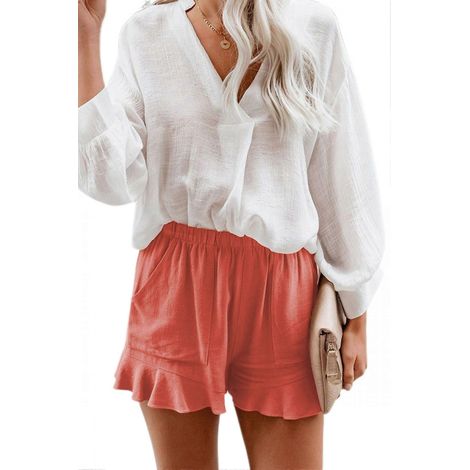 Short d'été décontracté pour femme, taille haute, plissé, avec poches - Orange - Taille 2XL (1/5)