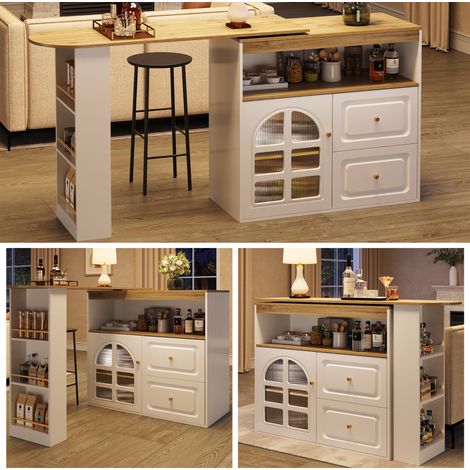 Bar pivotant 360° blanc avec tiroirs, étagère apéritif, rangement ouvert, meuble design moderne (1/5)