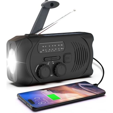 Radio à manivelle avec cellules solaires, lampe torche et batterie externe de 2000 mAh.