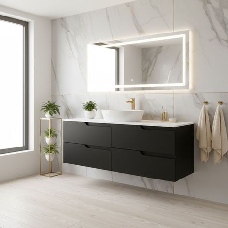 Meuble de salle de bain suspendu 120 cm, noir et blanc, plan de toilette, 4 tiroirs, façades en MDF, sans vasque – MODERN (1/5)