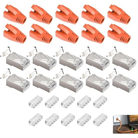 Connecteur RJ45, Fiche Réseau RJ45 Cat 7 Pass Through à Sertir, Fiche Ethernet Blindée Compatible avec PoE, Embout CAT6A CAT7 AWG23 avec Décharge de Traction Protection Anti-Pliage (1/5)