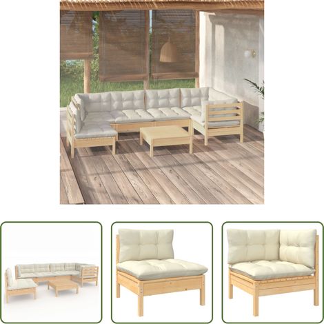 Holzgartenmöbel - 7-tlg. Garten-Lounge-Set mit Creme Kissen Kiefernholz (1/5)