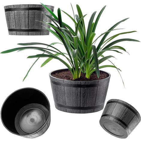 Lot de 3 Pots Fleur Design Tonneau - Plastique Effet Bois - Résistant Gel et UV - Pour Jardin Terrasse Balcon - Diamètres 23, 30, 40 cm - Marron Moka (1/5)