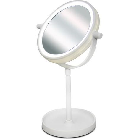 Miroir de maquillage - JUANIO - Ø15 x H28.5 cm - Rotation 360° - 14 LED éclairage circulaire - Fonctionne sur piles (1/4)
