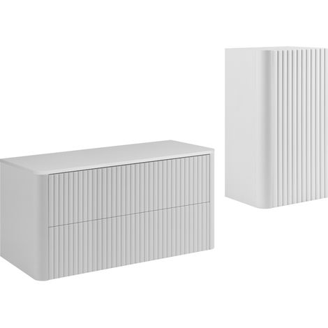 Ensemble de meubles de salle de bain, 2 tiroirs, 1 porte, fermeture douce, façades rainurées, Blanc, 100,8 x 44,2 x 48,4 cm (1/5)