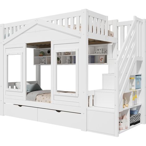 Lit mezzanine enfant 90x200 cm en bois massif blanc avec escalier rangement, fenêtres, garde-corps de sécurité et design lit ado (1/5)