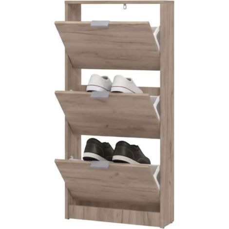 Scarpiera Melle, Mobile Portascarpe 3 Ripiani, 3 Ante, Maniglie Incluse, 58x18x119h cm Marrone Rovere Scuro