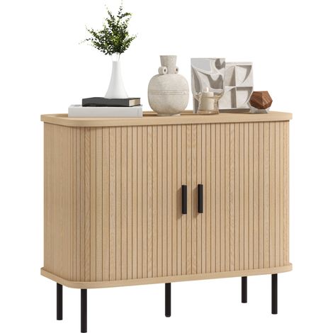 Mobile credenza con ante scorrevoli a doghe, mobile da cucina con gambe in acciaio, finitura rovere.