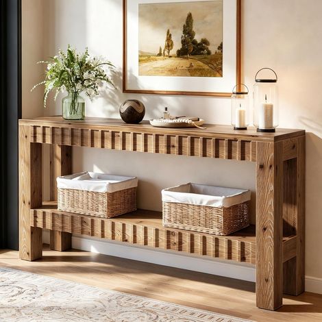 Tribesigns Solid Wood Console Table, 63" Farmhouse Long Entryway Table with Storage, 2-Tier Rectangular Narrow Sofa Table Behind Couch for Entryway, Hallway, Living Room, Rustic Brown