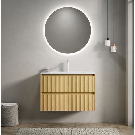 Meuble sous vasque suspendu 75 cm en contreplaqué bois clair avec lavabo intégré en céramique blanche, 2 tiroirs à fermeture douce, prémonté – de FLORAGRACE (1/5)