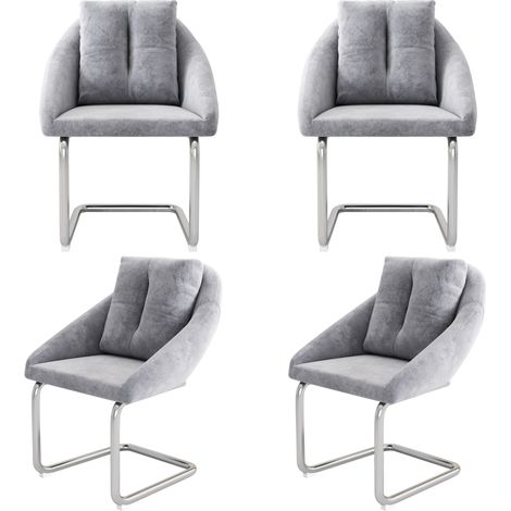 Silla de comedor de terciopelo gris, 4 piezas, con cojín y base metálica (1/5)