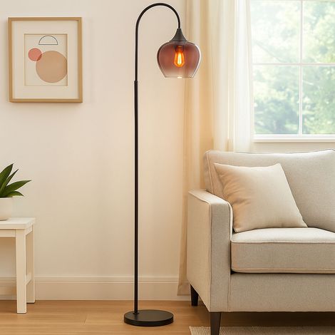 LED Stehleuchte Beistellleuchte Standlampe Glas kupfer schwarz gebogen, 1x E27 Filament LED warmweiß, Höhe 150 cm (1/5)