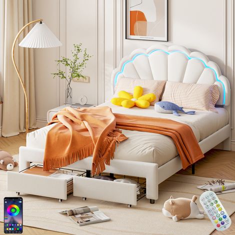 Letto matrimoniale 140x190 cm, con testata a forma di fiore, 2 cassetti per lo stoccaggio, APP, struttura in metallo, rete a doghe in legno, letto imbottito in velluto - Bianco