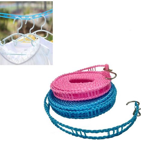 2 pezzi, filo per stendere i panni, 5 m, stendibiancheria da esterno, per asciugare vestiti e lenzuola, resistente alle intemperie, in plastica, rosa e blu, salvaspazio, senza fori (1/5)